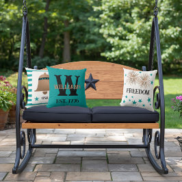 Coussin Monogramme unique cuivre et turquoise patriotique