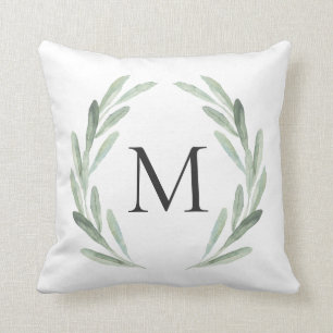 Coussin Monogramme vert de guirlande de branche d'olivier