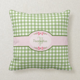 Coussin Monogramme vert Girly de guingan avec le nom