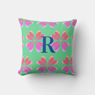 Coussin Monogramme vert rose rétro floral
