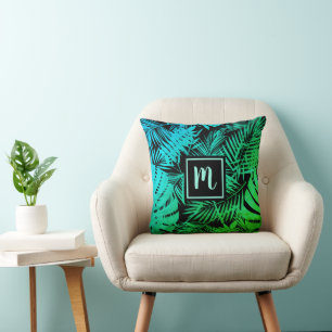 Coussin Monogramme vert turquoise ombre tropical palm bold