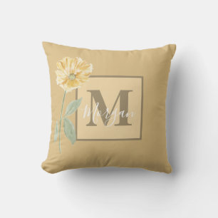 Coussin Monogramme vintage de fleurs jaunes