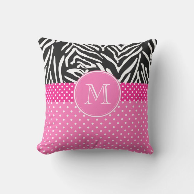 Coussin Monogramme Zebra avec Motif de point de Polka rose (Recto)