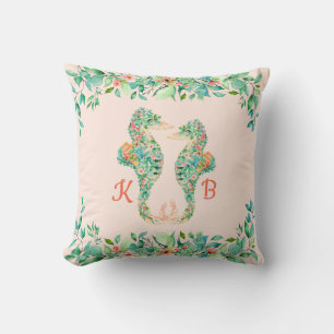 Coussin Monogrammes de couple de hippocampes floraux tropi