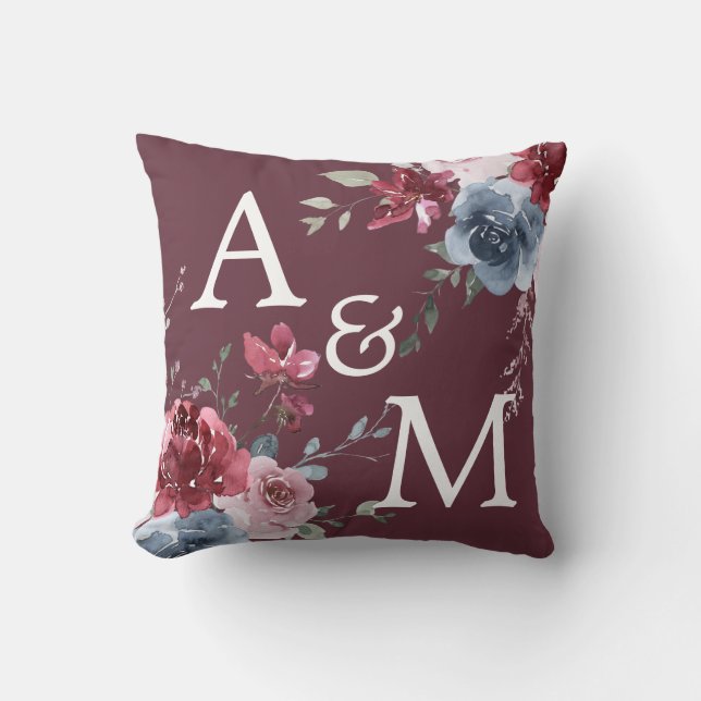 Coussin Monogrammes Initiales Dusty Rose Bleu Floral Bourg (Recto)
