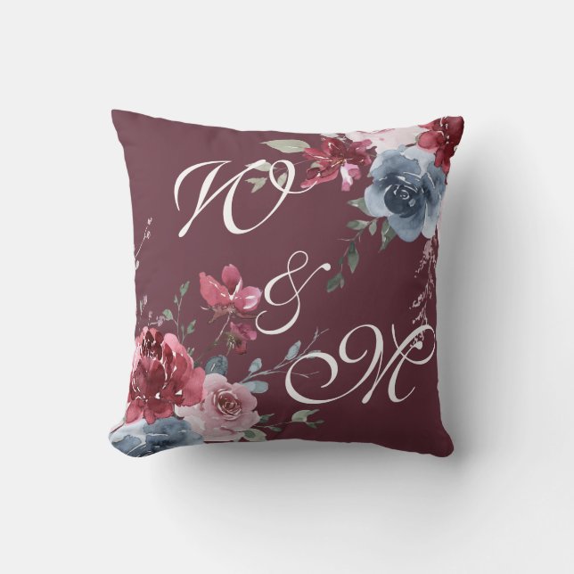 Coussin Monogrammes Initiales Dusty Rose Bleu Floral Bourg (Recto)