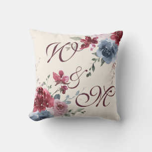 Coussin Monogrammes Initiales Dusty Rose bleu floral ivoir