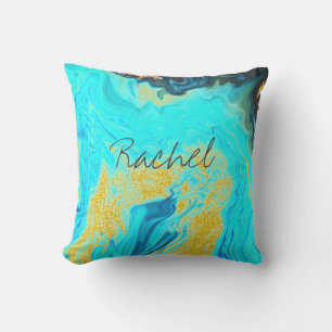Coussin Monogrammes Turquoise Blue Golden Motifs Nom perso