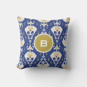Coussin Monographie de motif tribal ikat bleu or moderne