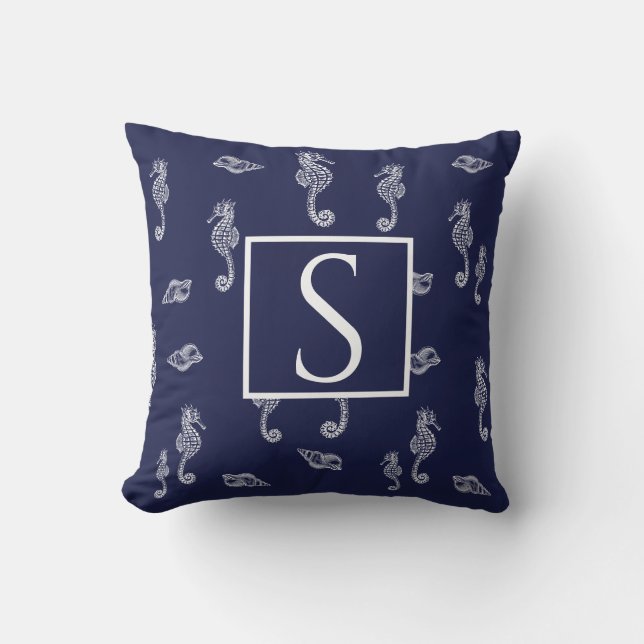 Coussin Monographie nautique Coquille marine Bleu blanc (Recto)