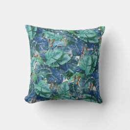 Coussin Monstera bleu turquoise Feuilles et papillons