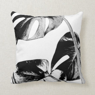 Coussin Monstère noire et blanche Palme tropicale feuille