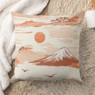 Coussin Mont Fuji Lever de Soleil Doré Japon Motif Aquarel