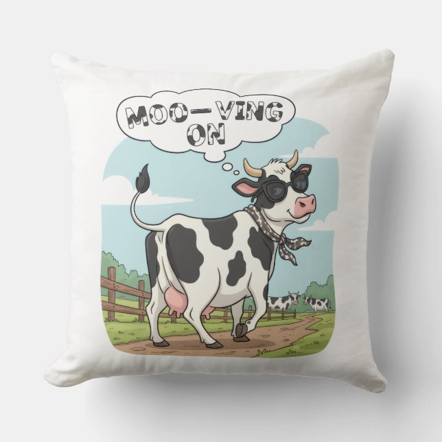 Coussin "Moo-ving On" Cow - Funny & Stylish Farm Humor! (Recto)