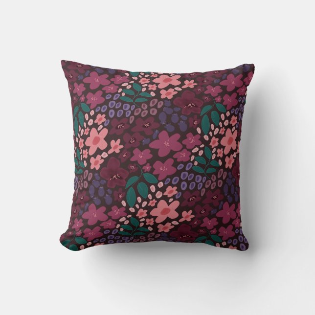 Coussin Moody Burgandy Floral Throw Pillow (Recto)