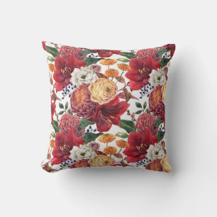 Coussin Moody Watercolor Rouge Amaryllis et fleurs d'autom