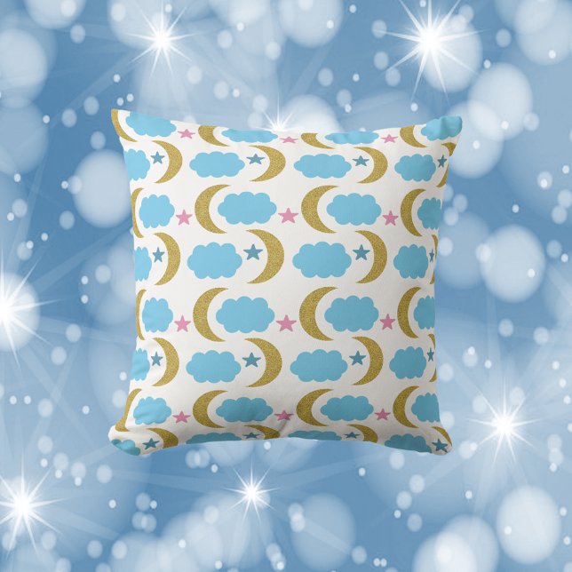Coussin Moon Cloud Stars Faux Gold Glittern (A throw pillow with faux gold glitter moons and blue clouds.)