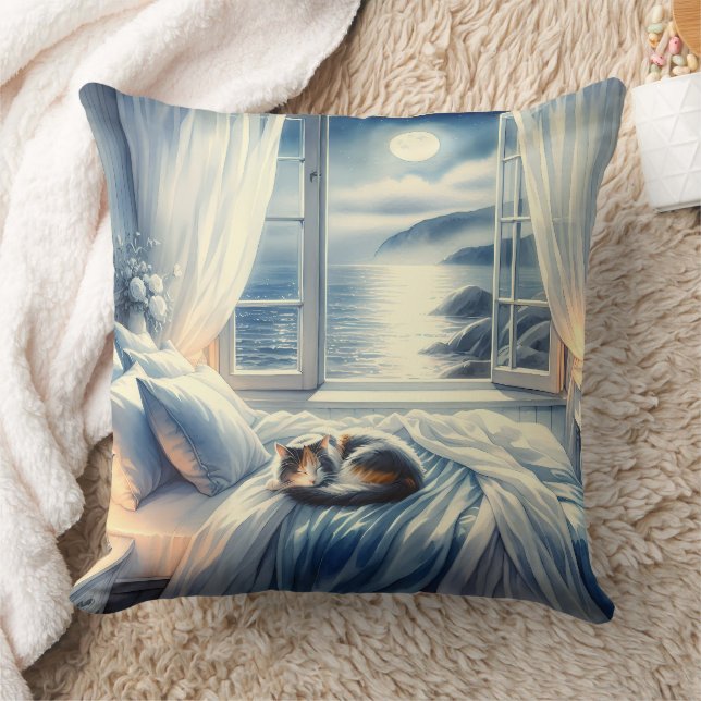 Coussin Moonlit Coastal Bedroom with Sleeping Cat (Couverture)
