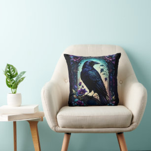Coussin Moonlit Raven Suite de mariage florale gothique.
