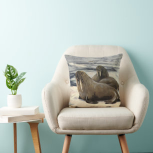 Coussin Morses dans la neige arctique, animal marin vintag