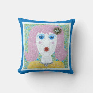Coussin Mosaic - Ingrid avec bordure bleue et ivoire
