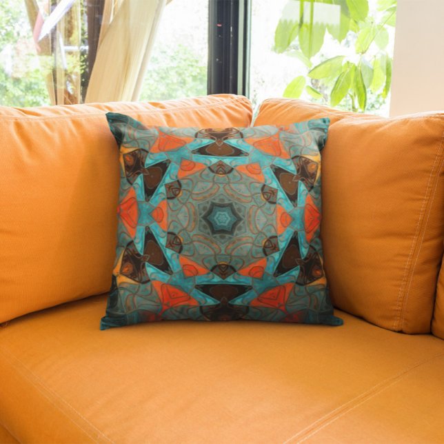 Coussin Mosaic Mandala Flower bleu et orange (Créateur téléchargé)