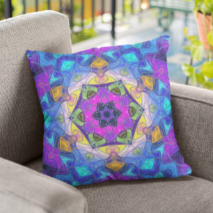 Coussin Mosaic Mandala Flower rose bleu et jaune