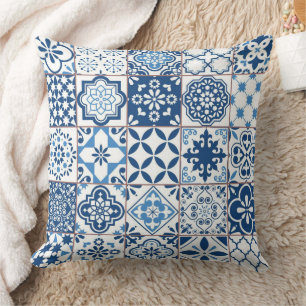Coussin Mosaïque d'azulejo bleu indigo méditerranéen ornée