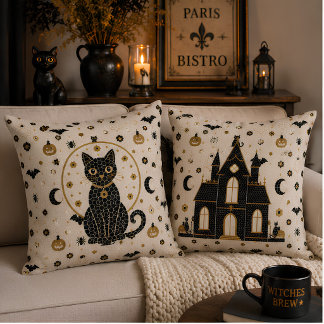 Coussin Mosaïque de bistrot parisien Halloween Chat noir e