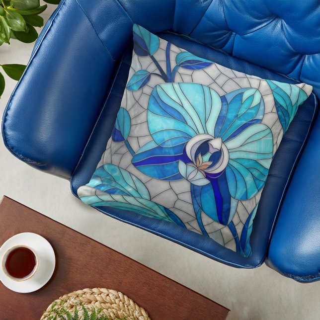 Coussin Mosaïque de fleurs d'orchidées bleues (Créateur téléchargé)