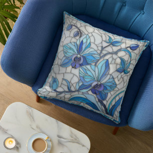 Coussin Mosaïque de fleurs d'orchidées bleues