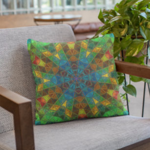 Coussin Mosaïque Kaleidoscope Fleur vert bleu et jaune
