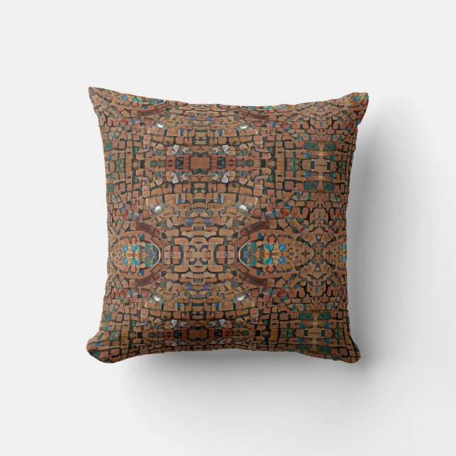 Coussin mosaïque marocaine art géométrique marron-jaune (Recto)