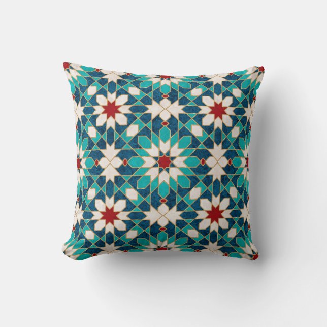 Coussin Mosaïque marocaine de marbre blanc Turquoise bleu  (Recto)