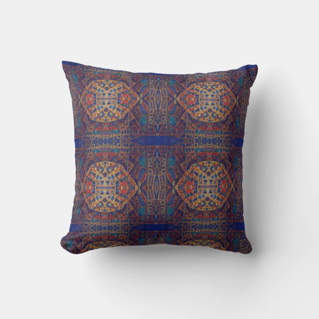 Coussin mosaïque marocaine or rouge turquoise art géométri (Recto)
