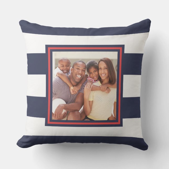 Coussin Motif à bande rouge, blanche et bleue avec photo (Recto)