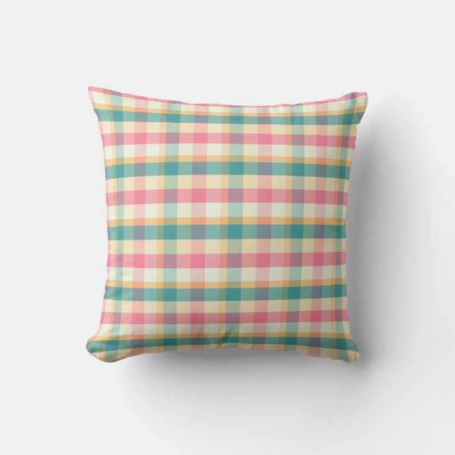 Coussin Motif à carreaux en trame rose vif et sarcelle (Recto)