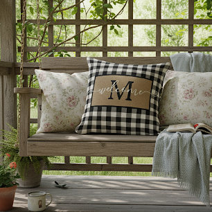 Coussin Motif à carreaux tartan personnalisé blanc noir Bu