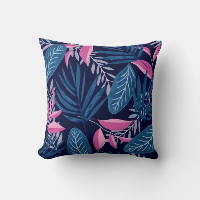 Coussin Motif À Flore Tropicale Bleu Et Rose (Recto)