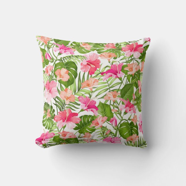 Coussin Motif à hibiscus palm monstère tropicale (Recto)