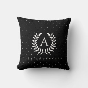 Coussin Motif à pois monogramme laurier blanc sur fond noi