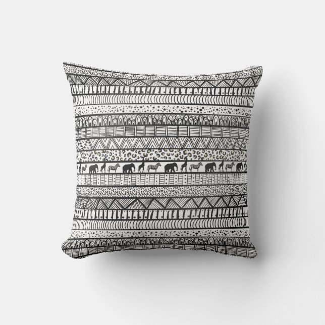 Coussin Motif africain tribal noir blanc (Recto)