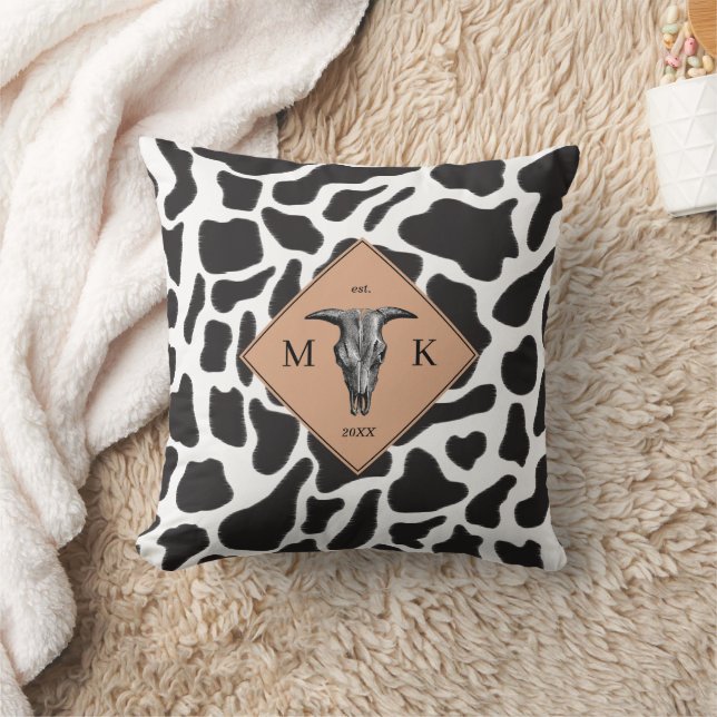 Coussin Motif animal noir et blanc Vache tache Monogramme (Couverture)