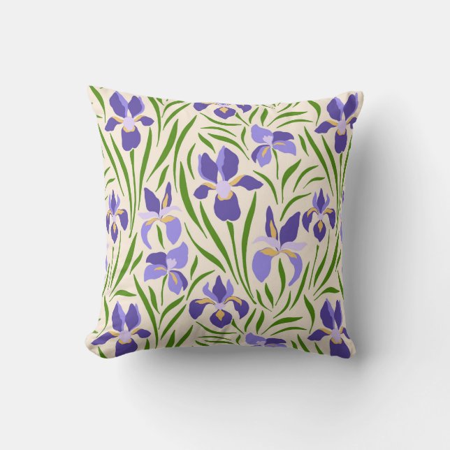Coussin Motif avec iris violets et feuilles verts (Recto)