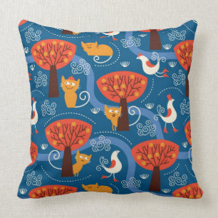 Coussin motif avec les chats et les oiseaux mignons