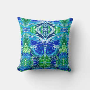 Coussin Motif Batik de papillon et de médaillon en bleu