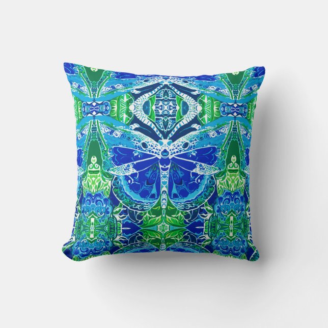 Coussin Motif Batik de papillon et de médaillon en bleu (Recto)
