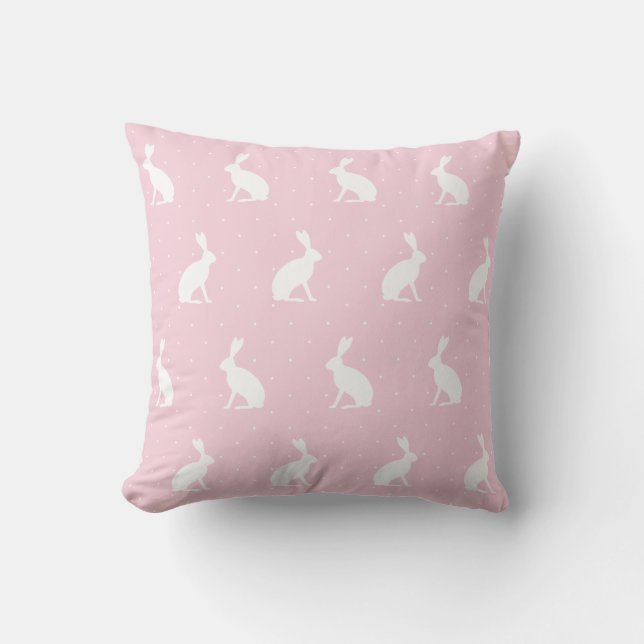 Coussin Motif blanc à lapins droits. Rose fille (Recto)