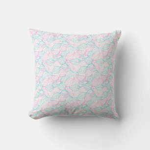 Coussin Motif blanc de feuilles stylisées rose et turquois