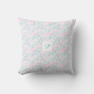 Coussin Motif blanc de feuilles stylisées rose et turquois
